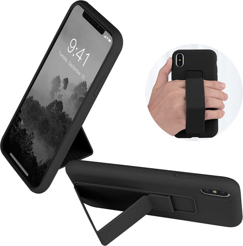 LAUDTEC Silicone Kickstand Case for iPhone X/XS - Flexible Soft Liquid Silicone Cover with Hand Strap and Metal Stand