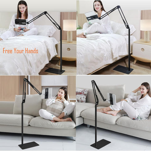 Heavy Duty Steel Phone/Tablet Floor Stand, Adjustable Mobile Cell Mount with 360 Degree Rotation, 4.6 Feet Long Arm