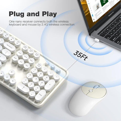 Wireless Keyboard and Mouse Combo, 104 Keys Full-Sized Typewriter Keyboard, 2.4 GHz USB Receiver, Cremy White