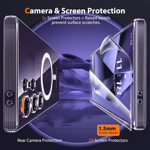 Samsung Galaxy S24 Ultra Case - 3 in 1 Magnetic, Crystal Clear, Mil-Grade Shockproof, No-Yellowing, with 2X Screen