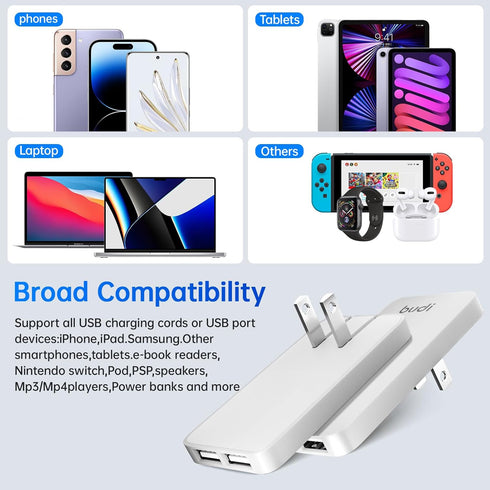 BUDI 17W Extra Slim Portable Wall Charger / 2-Port USB-A Wall Charger / Convenient Travel Accessories for iPad, iPhone