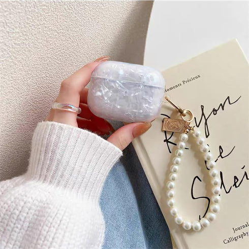 Olytop Cute Glitter Airpods Pro 2nd/1st Generation Case with Cleaner Pen, Shell Pattern Cover with Luxury Pearl Keychain
