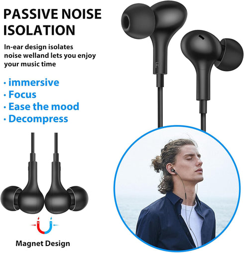 Wired Earbuds Noise Cancelling 3.5mm Headphones for PC, Ear Buds with Mic, Magnetic Plug in Earphones for Samsung