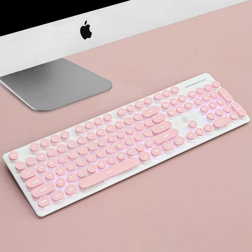 Wired Quiet Membrane Keyboard, Full Size 104-Keys, Retro Punk Typewriter, White LED Backlit, USB, Pink