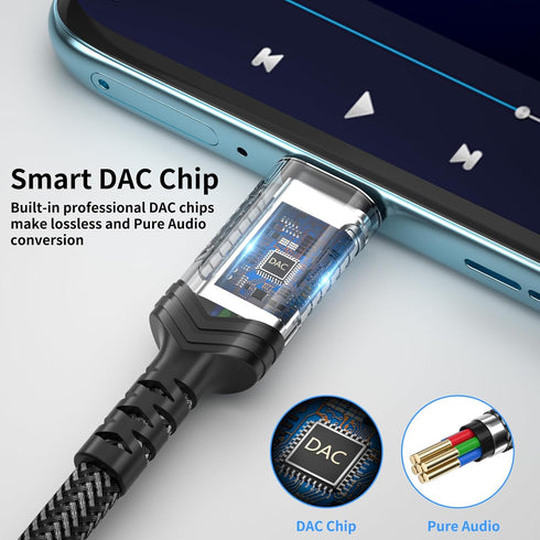 USB Type C to 3.5mm Audio Adapter for Motorola Edge+, iPhone 16, Google Pixel, Nylon Cable to Aux Jack Dongle
