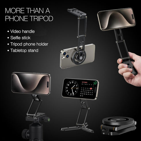 Magnetic Pocket Phone Tripod, Foldable Compatible with MagSafe iPhone 15/14/13/12 Plus Pro Max Series, All in One Desk