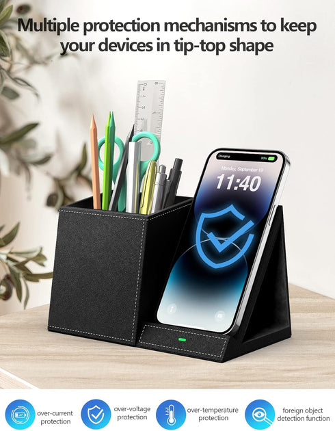 2-in-1 Pen Holder with Wireless Charger, Compatible with iPhone 16/15/14/13/12/11/8 Series, Desk Phone Stand