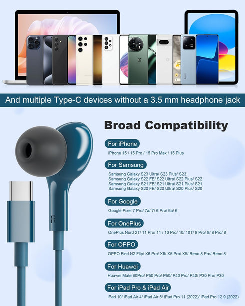 USB C Headphones Wired Earbuds Magnetic in-Ear Type C Earphone with Microphone for Samsung Galaxy, iPhone 15 Pro