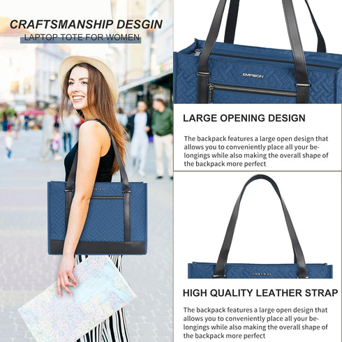 EMPSIGN 16 Inch Laptop Tote Bag for Women, Stylish Quilted Computer Shoulder Briefcase, Waterproof Haze Blue