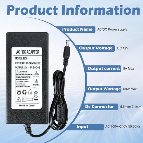 HOAYVKJ 12V 5A 8-Way 100-240V 5.5x2.1mm Security Camera Power Supply with Splitter Cable AC to DC Converter for CCTV