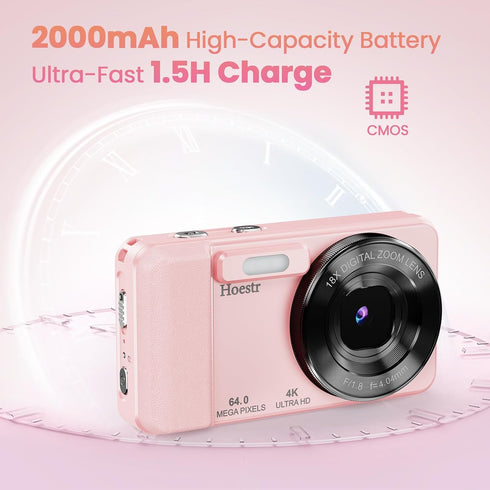 Hoestr 64MP 4K 18X 64GB 2.8" Digital Camera, Zoom Autofocus Point and Shoot Compact Camera with TF Card, Flash, LCD
