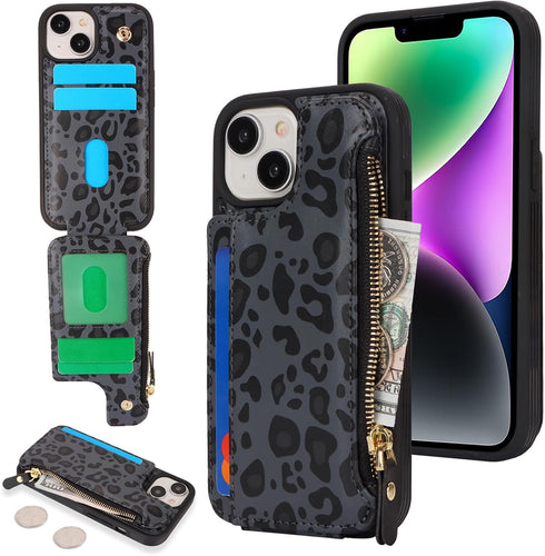 Cavor for iPhone 14 Plus Case with Card Holder - Wallet Case for Women Men, Leather Magnetic Clasp Zipper Pocket Card
