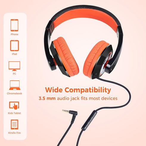 Shop rockpapa Comfort+ Kids Over-Ear Headphones, Wired with Microphone & Volume Control for School, Black/Orange.