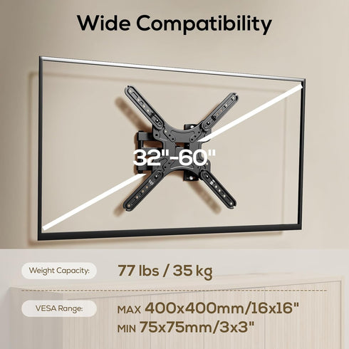 IWORKBOARD 43 50 55 inch 32-60" 77 lbs, 400x400mm, Full Motion Corner TV Wall Mount for Most TVs, Articulating Swivel