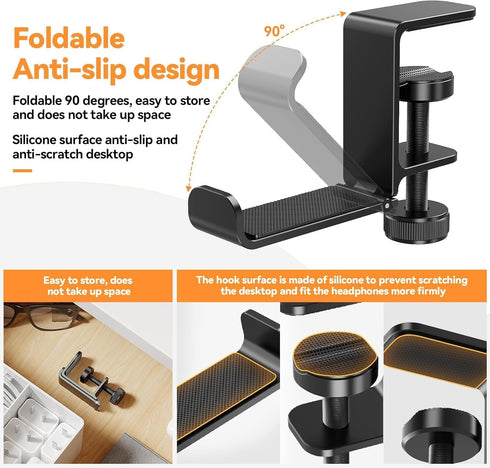 Headphone Hanger Holder Stand - Under Desk Hook with Foldable Space-Saving Aluminum Stand for Gaming PC Accessories