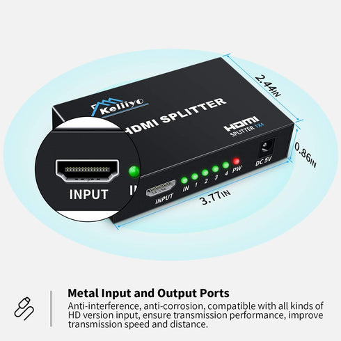 HDMI Splitter 1 in 4 Out V1.4b Powered Video Splitter with AC Adaptor Supports Ultra HD 1080P 2K x4K@30Hz
