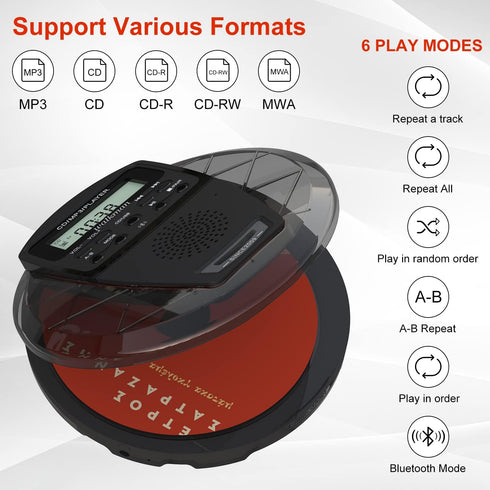 Rechargeable CD Player Portable with Bluetooth - Compact Anti-Skip Walkman CD Player with Earphone and LCD Display