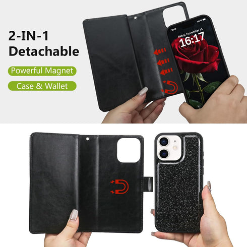 Varikke 11 11 6.1", for iPhone Wallet Case Detachable with Card Holder for Women Girls, Fashion Glitter PU Leather