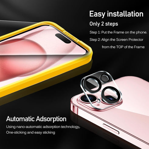 iVoler iPhone 15 6.1" Tempered Glass Screen Protector 3-Pack + Camera Lens Protectors with Alignment Frame, HD Clear