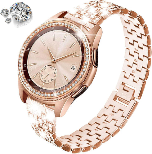 Luxury Rhinestone Diamond Steel Metal Strap with Bezel Ring Case Cover Replacement Bracelet, Compatible with Samsung