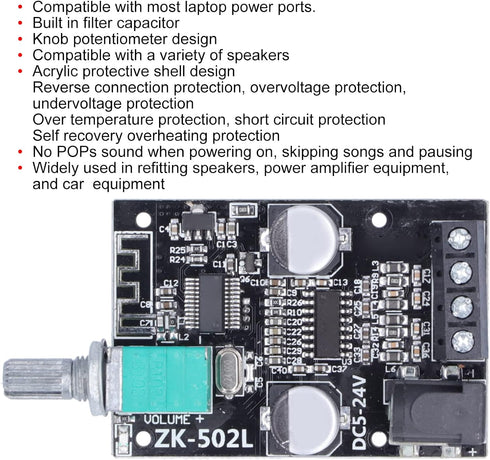 ZK-502L Bluetooth Power Amplifier Board, 5.0 Stereo Audio Receiver for DIY Speakers, 5-24V