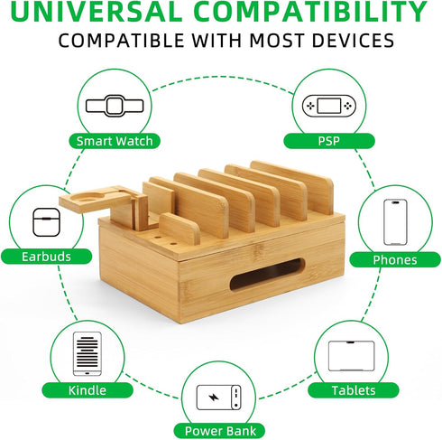 LEOKKARR Bamboo Charging Station with Watch Stand, Desktop Charging Station Organizer, Wood Docking Station for Phones