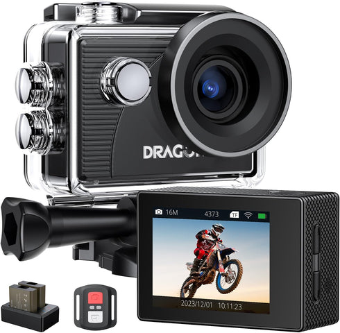 Dragon Touch 4K Action Camera, 20MP, 100FT Waterproof with Remote, 170° Wide Angle, 2 Batteries