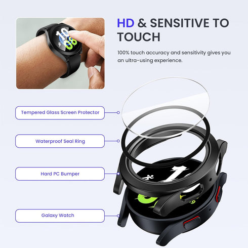Goton Waterproof Case for Galaxy Watch 5 & 4 with Screen Protector 44mm, No Fog Tempered Glass Face Cover