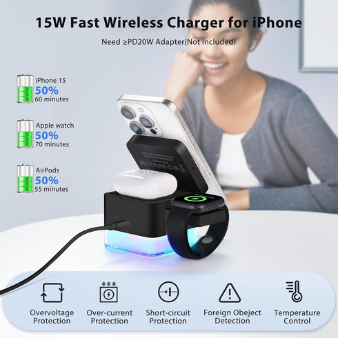 3 in 1 Wireless Charger Stand, Foldable Apple Charging Station Cube with LED Night Light for iPhone