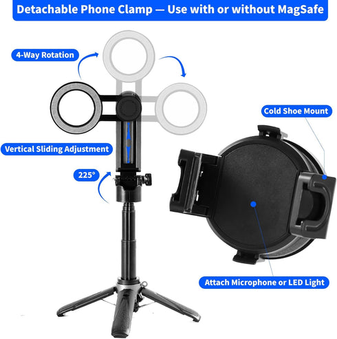 KYDEVO 4-in-1 360 Magnetic Selfie Stick for iPhone/Android - Multifunctional Rotation Extendable Tripod with Detachable