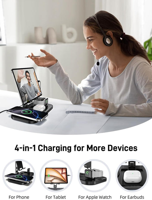 doeboe 4 1 16/15/14, 10/9/8, 2 in Wireless Charging Station with Stand for iPhone Apple Watch AirPods Pro | Foldable