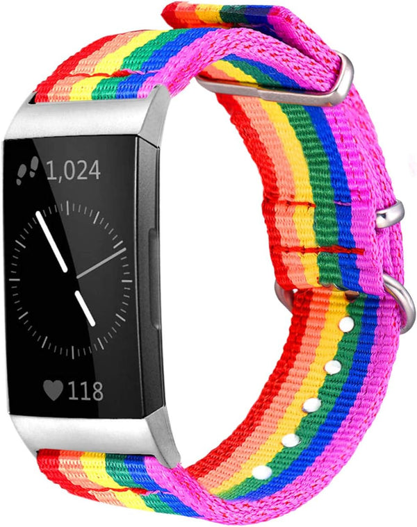 Bandmax Rainbow Bands Compatible with Fitbit Charge 3 Smartwatch, Durable Nylon Replacement Straps, Small