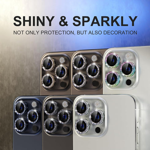 Choiche Bling Camera Lens Protector for iPhone 15 Pro/Pro Max, 9H Tempered Glass, Glitter-Black, Metal Ring Decor.