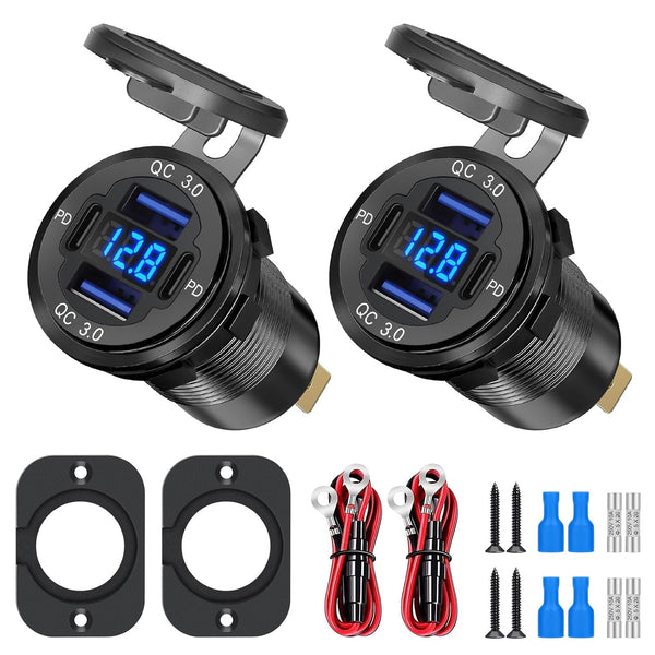 Linkstyle 12V USB Outlet Charger Socket Panel, Dual 18W QC3.0 USB-A & Dual 30W PD USB-C Port, LED Voltmeter for Car