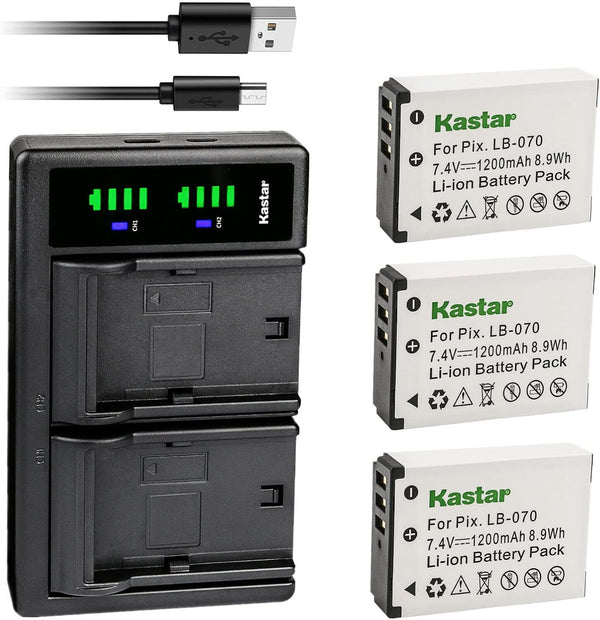 Kastar 3-Pack LB-070 Battery and LTD2 USB Charger for Kodak Pixpro AZ901, S1, MN67Z Cameras