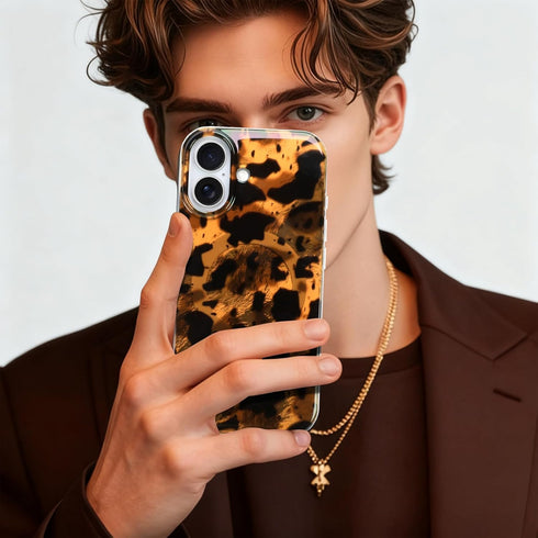 Jefonha 17 17, Compatible with iPhone Case Stylish Leopard Milk Cow Animal Print Phone Case for Women Men, Cute Sparkle