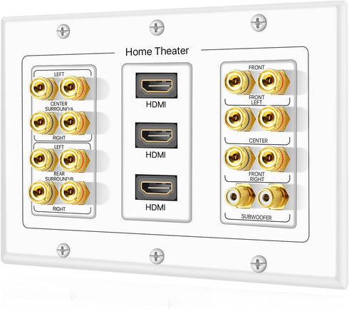TNP Home Theater Wall Plate - 3-Gang 7.2 Surround Sound Distribution with Premium Gold Plated Copper Banana Binding Post