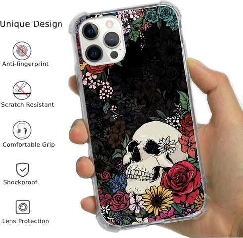 Floral Skull Case for iPhone 15 Pro Max, Unique Trendy TPU Bumper Cover with Sugar Skull and Flowers Design