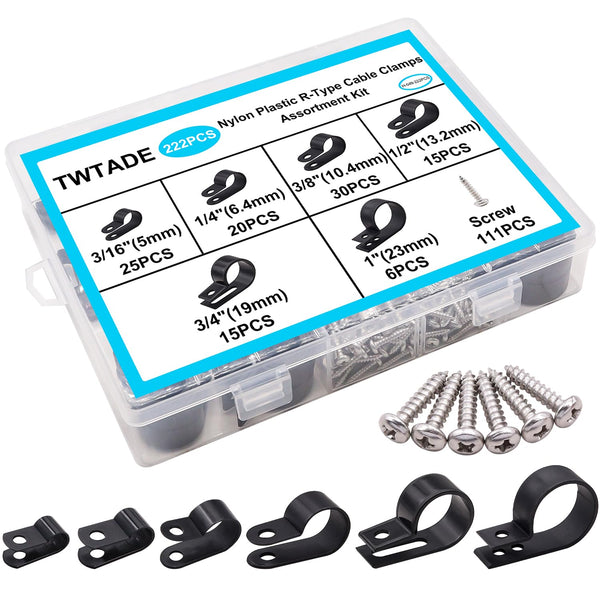 TWTADE 222PCS Black Cable Clamps Assortment Kit, Nylon Plastic R-Type 6 Sizes for Wire Management with Screws