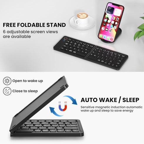 Mini Foldable Bluetooth Keyboard, Portable Wireless Full Size Keyboard (Sync Up to 3 Devices) for iPhone iPad Mac