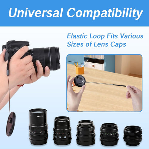 Lens Cap Tether and Microfiber Cleaning Cloth - Black Center Pinch Lens Cap with Leash Holder, Compatible with Most SLR