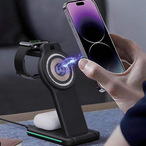 OTM Essentials 3-in-1 Wireless Charger, Fast Charging Station for iPhone, Smartwatch, and Wireless Earbuds, Portable
