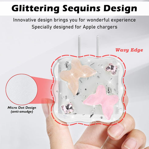 Cute Wave Cable Protector Compatible for iPhone Charger Adapter with Bling Pink Butterfly Laser Design, Data Line USB