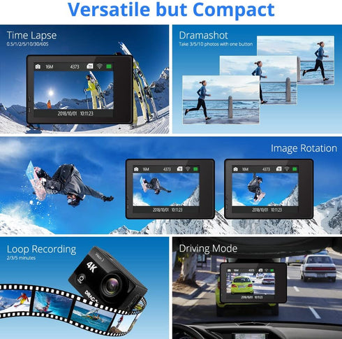 Dragon Touch 4K Action Camera, 20MP Vision 3 Underwater Waterproof Camera with 170° Wide Angle & Remote