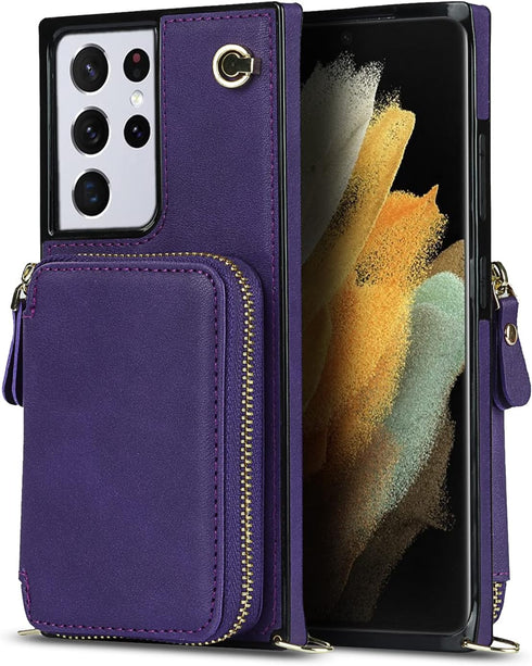 Asuwish Wallet Case for Samsung Galaxy S21 Ultra 5G - Leather, Zipper Card Holder, Tempered Glass Protector, Purple.