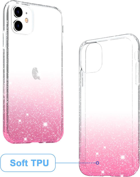 JJGoo iPhone 11 Case, Pink Gradient Clear Glitter Sparkle Shock Absorption Protective Slim Thin Cover