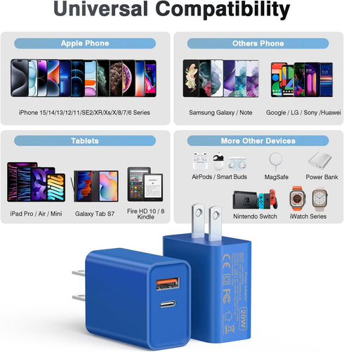 2 Pack USB C Charger, 20W PD Fast Dual Port Plug Type C Charger, Compatible for iPhone 14 Plus/Pro/Pro Max/13 Pro