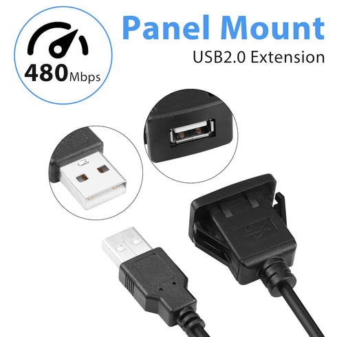 YACSEJAO USB Square Flush Mount Cable USB 2.0 Single Port Dashboard Panel Dash Mount Extension Cable with Buckle for Car Motorcycle Boat, 1m