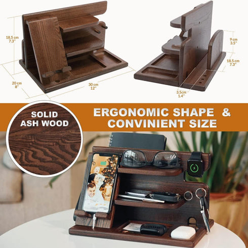 Wood Phone Docking Station, Ash Key Holder Wallet Stand Watch Organizer for Men, Anniversary Gift Idea, Brown