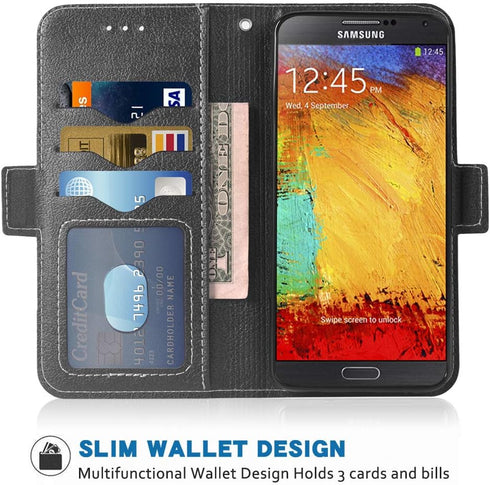 Compatible with Samsung Galaxy Note 3 Wallet Case Wrist Strap Lanyard Leather Flip Cover Card Holder Stand Cell Accessories Phone Cases for Glaxay Note3 N9005 Women Men Black